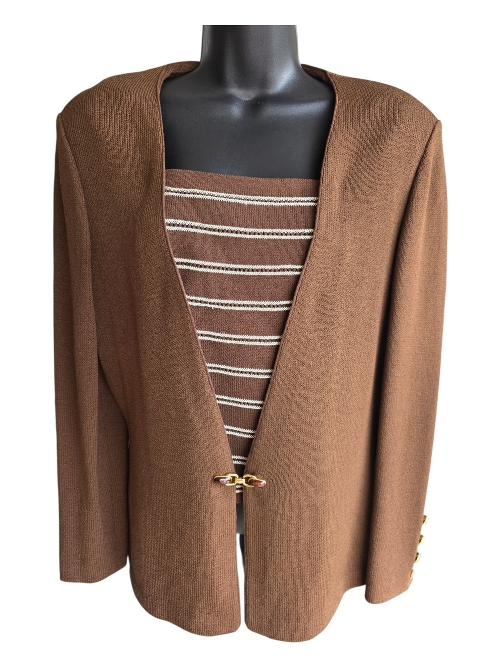 St. John Collection Brown Knit Cardigan with Striped Dickey Size Medium